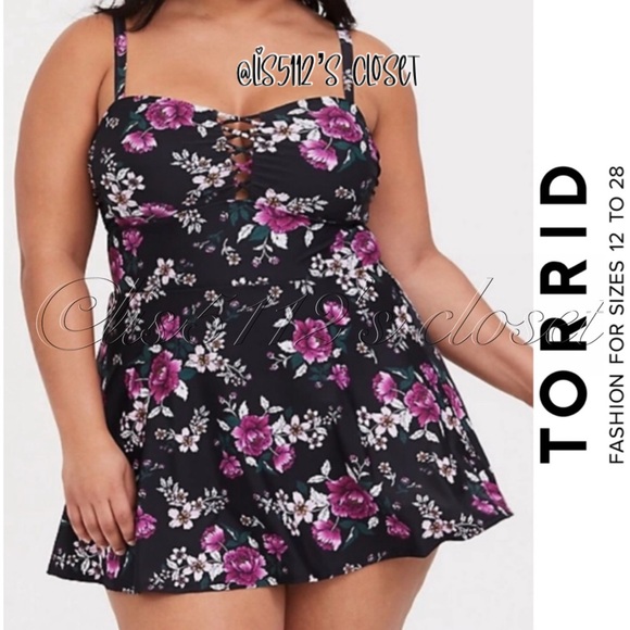 Torrid Black & Purple Floral Lattice Swim Dress Swimsuit 4X 26 - Picture 1 of 15
